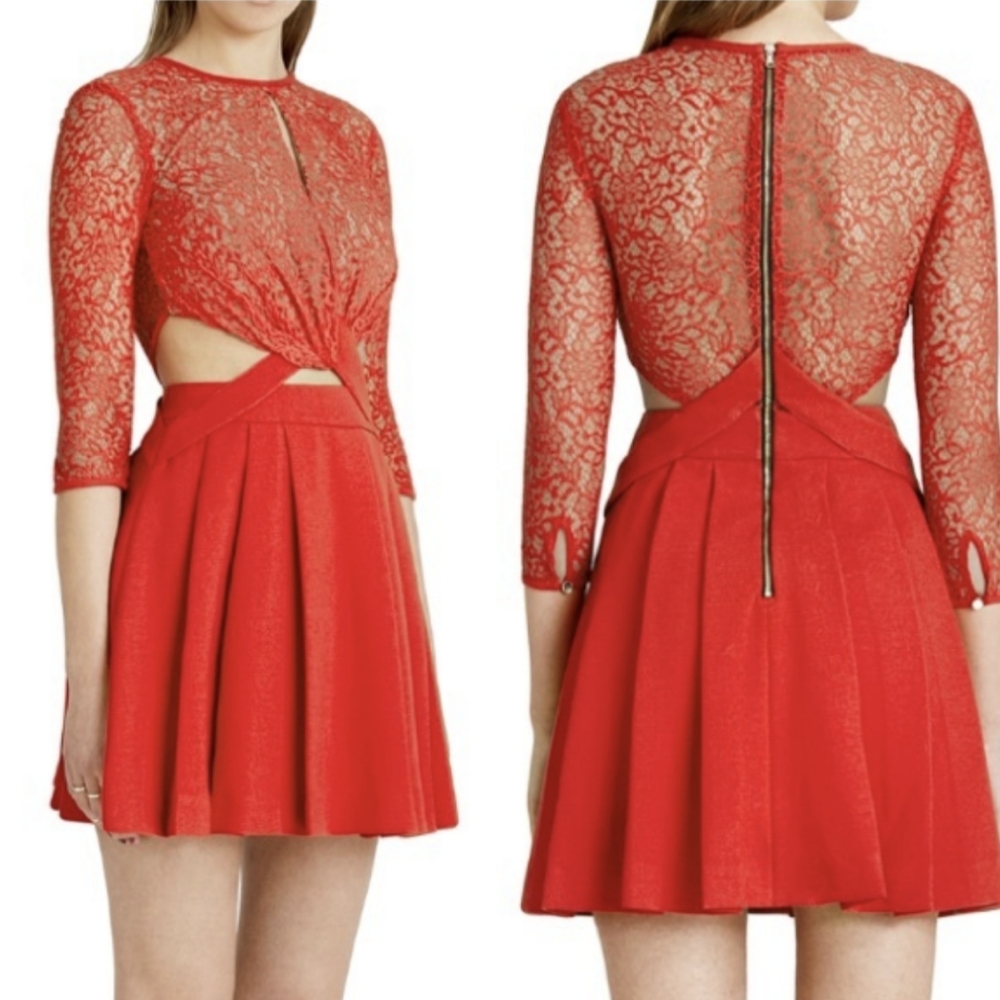 Three Floor Red Lace Cutout Fit-and-Flare Dress